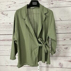 Lara G Linen Wrap Top Womens L Green Made Italy Lightweight Tie Front Jacke